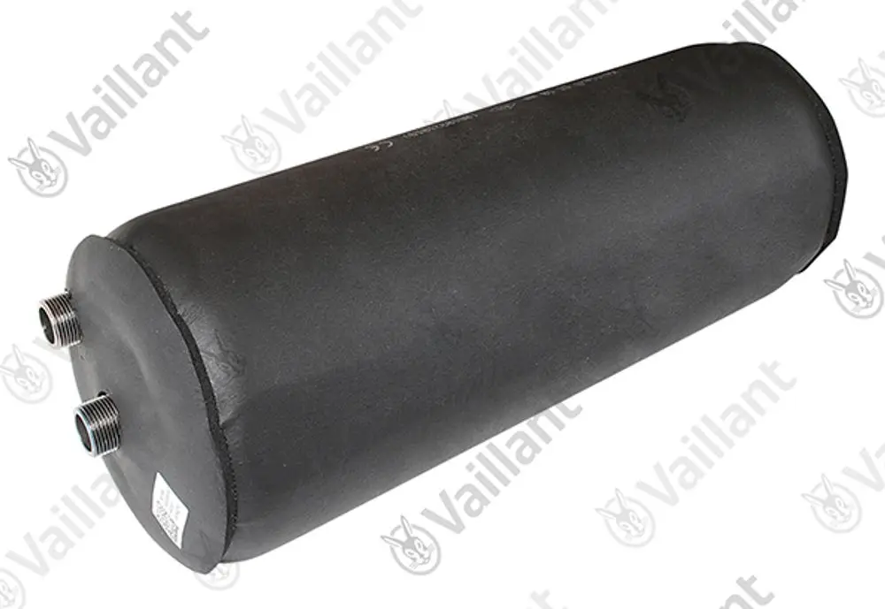 Vaillant Speicherbehälter in zylindrischer Form, schwarz, mit zwei Anschlüssen an der Seite. Das Produkt ist für Heizungs- oder Warmwassersysteme geeignet.